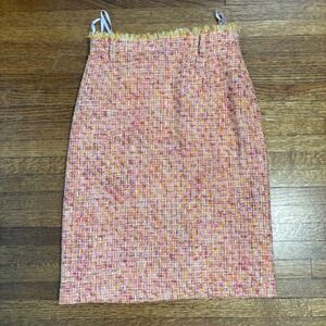 STIFF Pink Orange Yellow Tweed Fringe Pencil Skirt Size 36 EU 4 US